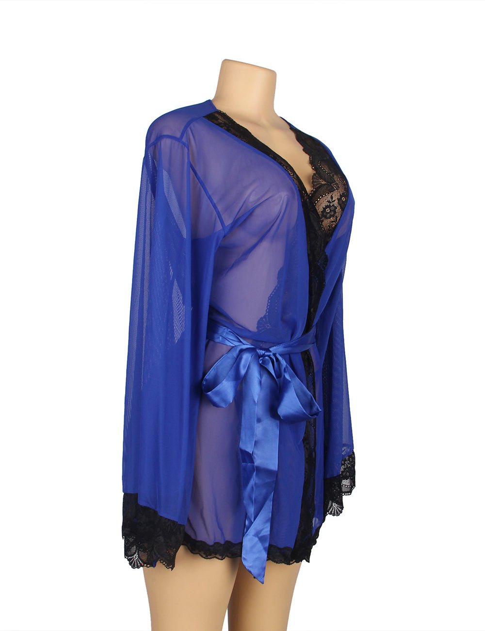 Blue Sheer Mesh Sleepwear – Long Sleeves, Open Front & Waist Belt - TeaseFashion