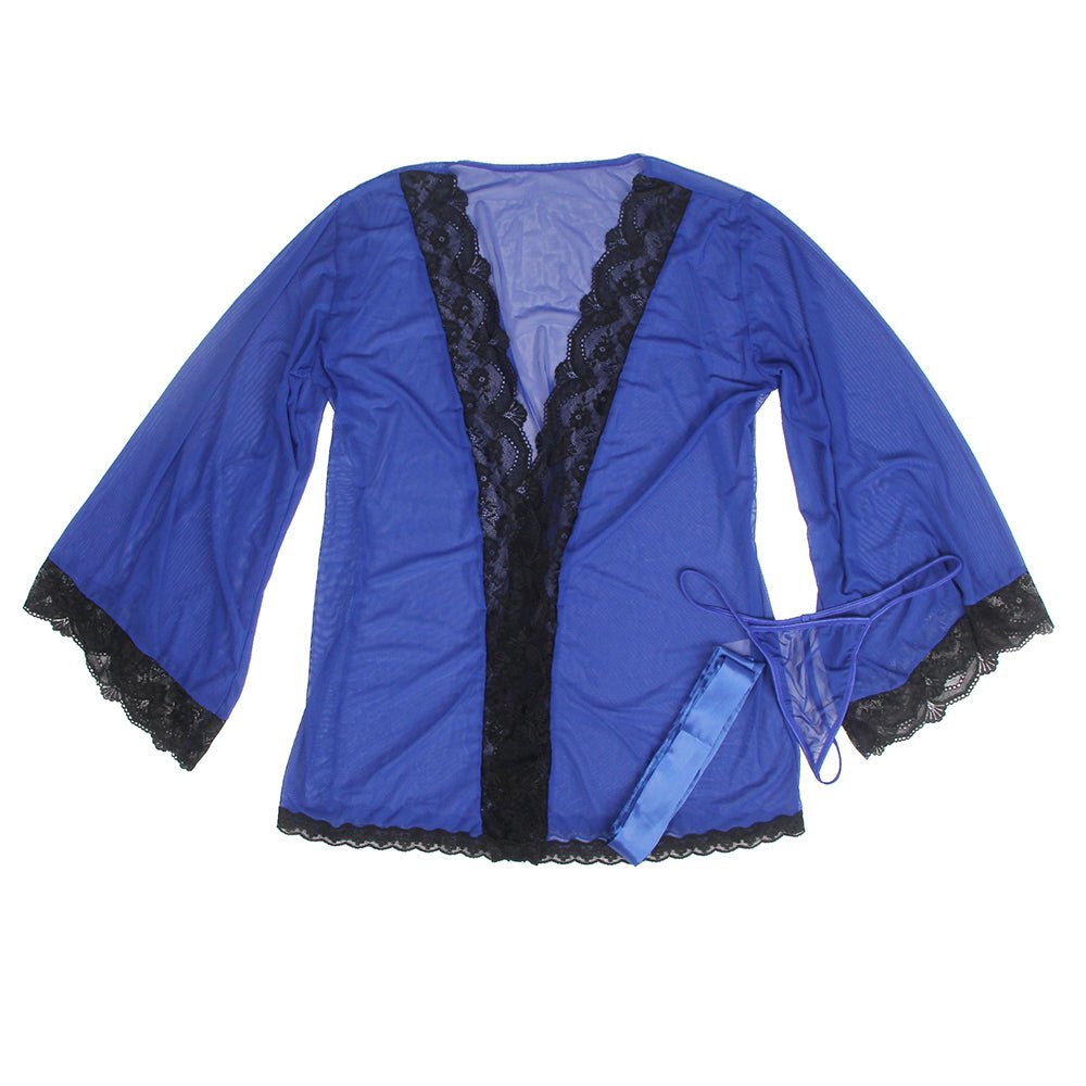 Blue Sheer Mesh Sleepwear – Long Sleeves, Open Front & Waist Belt - TeaseFashion