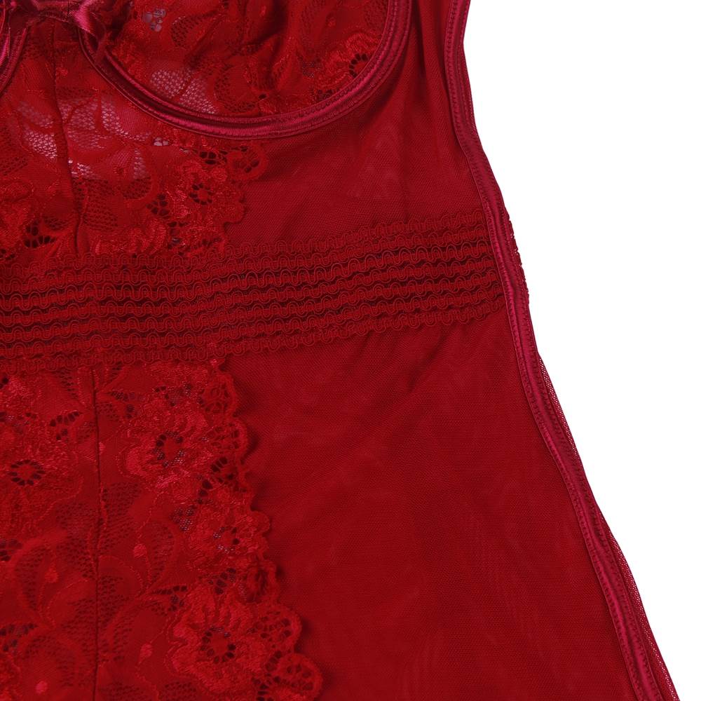 Burgundy Lace & Mesh Underwire Garter Babydoll – Circular Cut - Out Back, Elastic Waist & Garter Belt - TeaseFashion