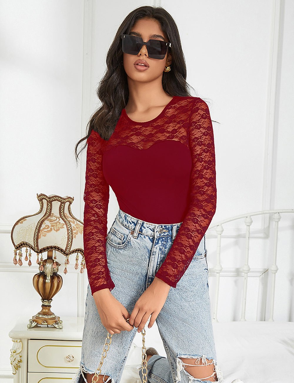 Burgundy Long Sleeve Bodysuit – Lace Mesh on Chest & Sleeves, Round Neck - TeaseFashion