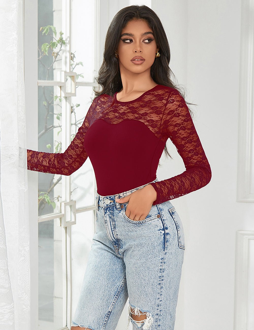 Burgundy Long Sleeve Bodysuit – Lace Mesh on Chest & Sleeves, Round Neck - TeaseFashion