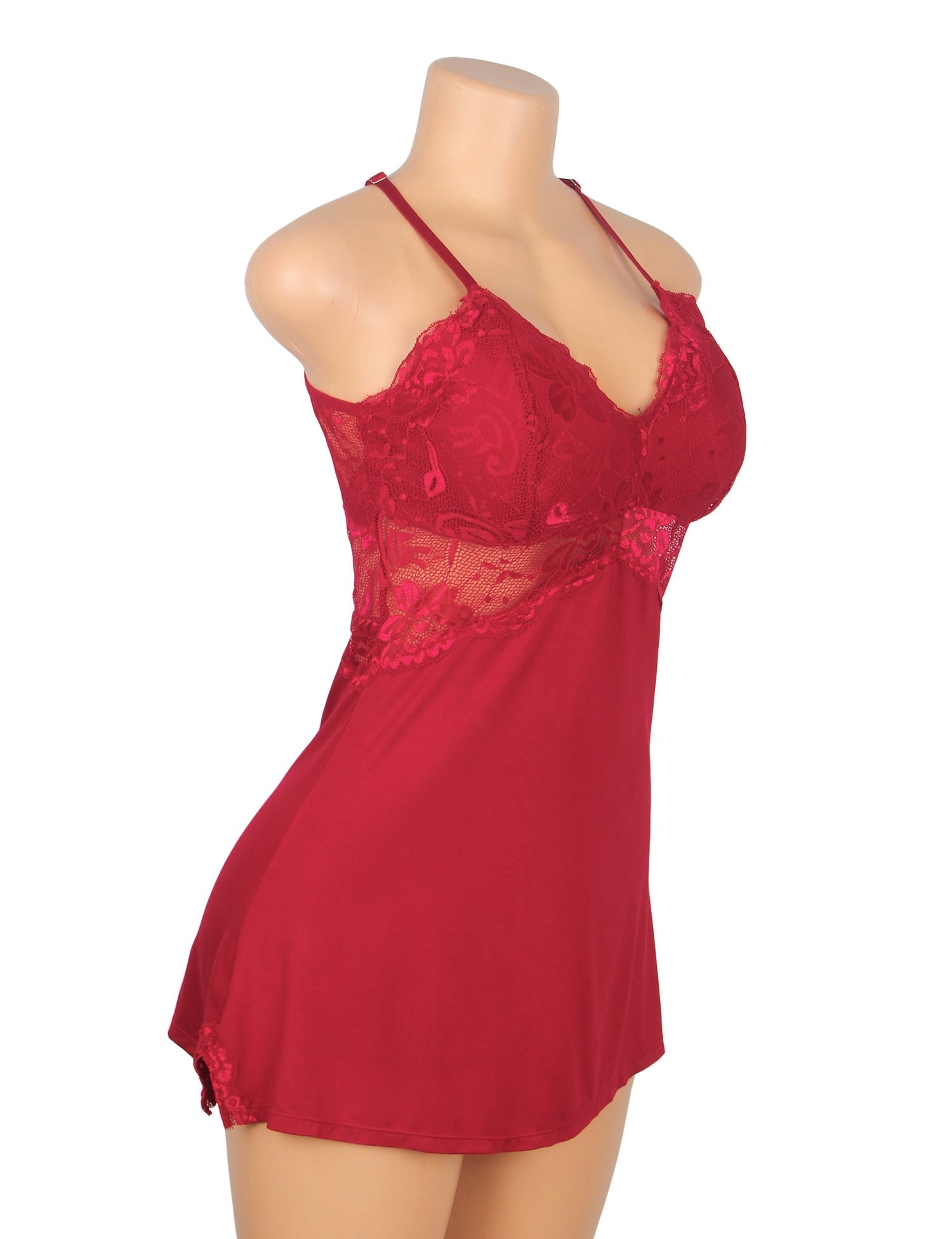 Burgundy Modal Lace Backless Nightdress – Hollow Lace Panels, A - Line Hem & Removable Pads - TeaseFashion