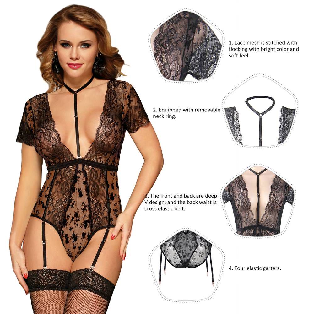 Black Exquisite Lace Choker Neck Teddy