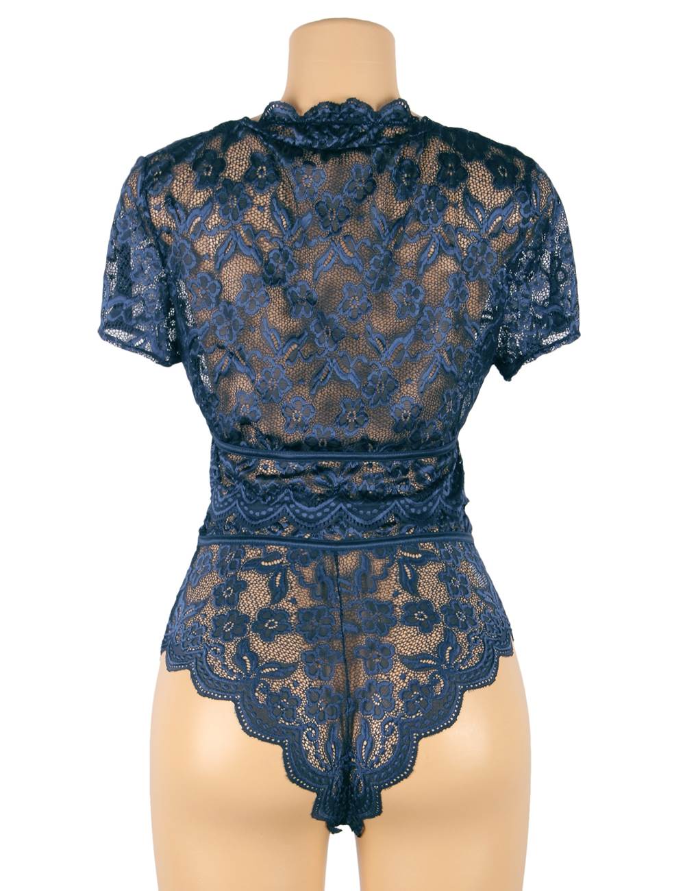 Dark Blue Shiny Lace Deep - V Crop Bra & High - Waist Panty Set - TeaseFashion