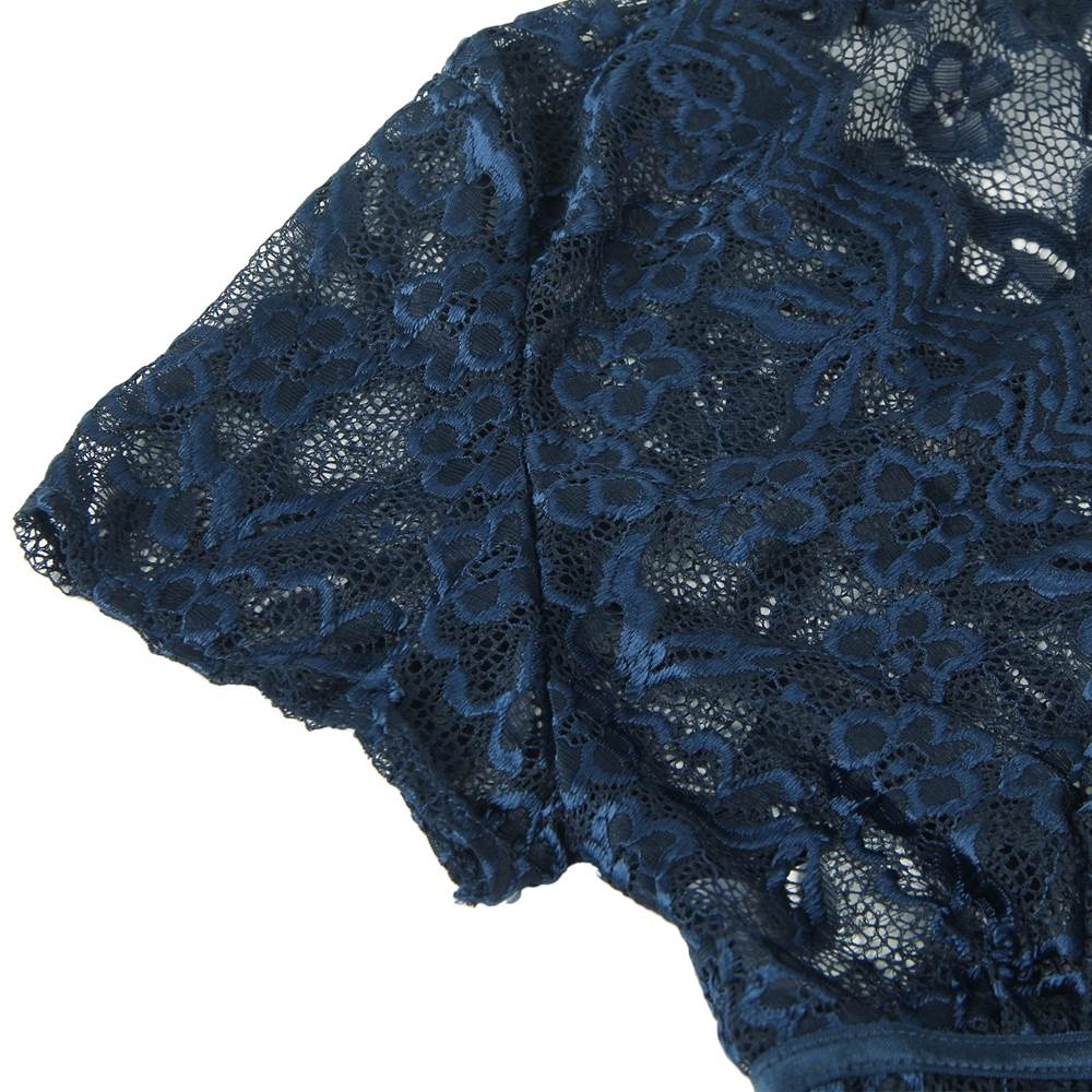 Dark Blue Shiny Lace Deep - V Crop Bra & High - Waist Panty Set - TeaseFashion