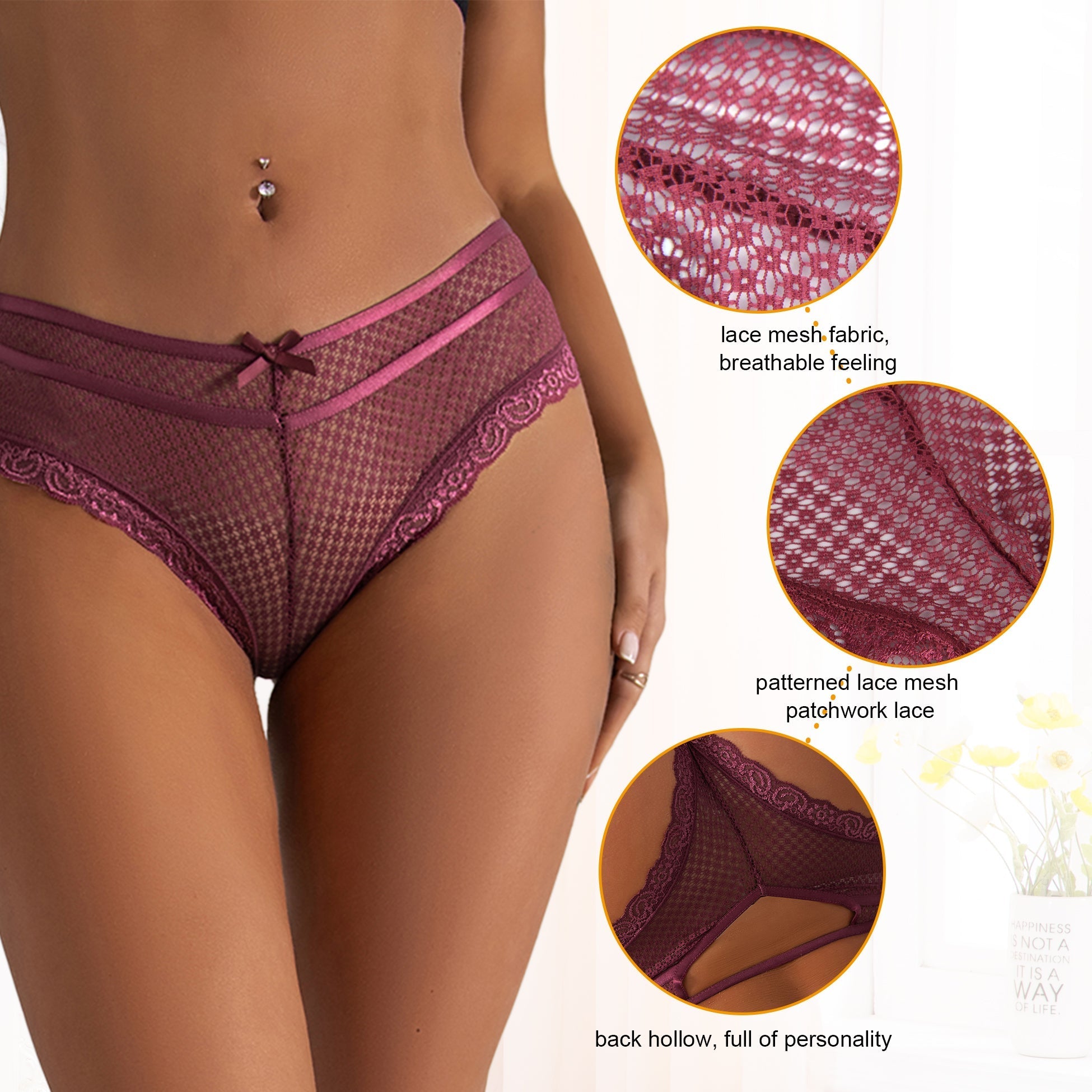 Wine Red Lace Mesh Panty – Lace Trim Front & Hollow - Out Back - TeaseFashion