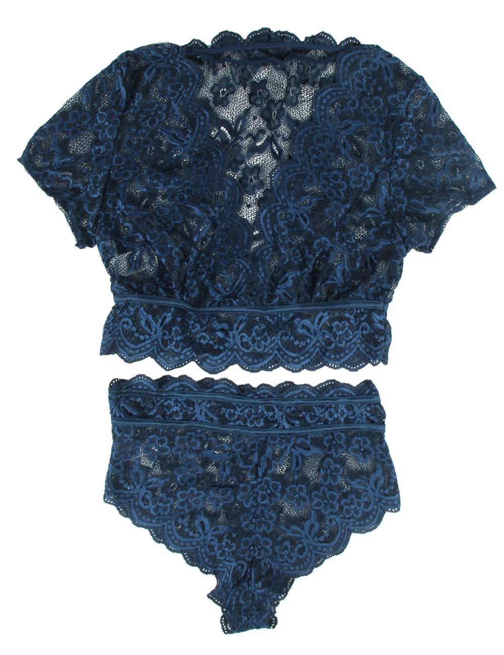 Denim Blue Glossy Lace Bra & High - Waist Panty Set – Deep V - Neck Crop Top - TeaseFashion