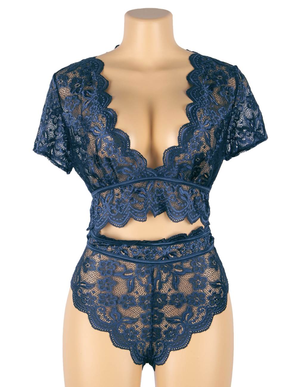 Denim Blue Glossy Lace Bra & High - Waist Panty Set – Deep V - Neck Crop Top - TeaseFashion