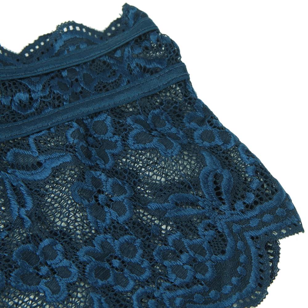 Denim Blue Glossy Lace Bra & High - Waist Panty Set – Deep V - Neck Crop Top - TeaseFashion