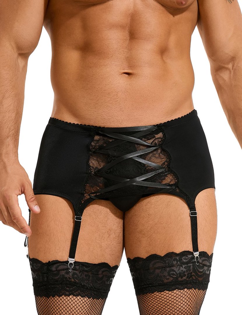 Black Swimming Cloth Lace Strap Men's Garter Panty
