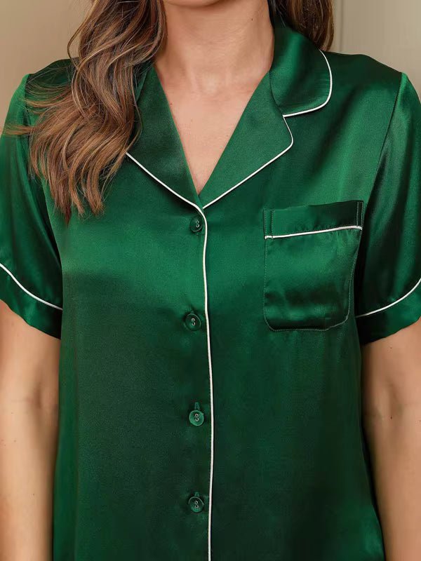 Emerald Green Short Sleeves Solid Leisure Real Silk Pajama Pant Nightwear Set - TeaseFashion