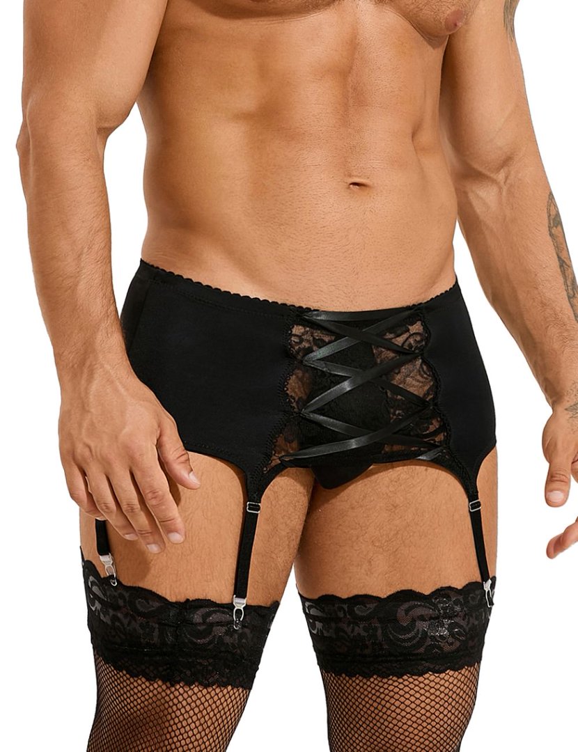 Black Swimming Cloth Lace Strap Men's Garter Panty