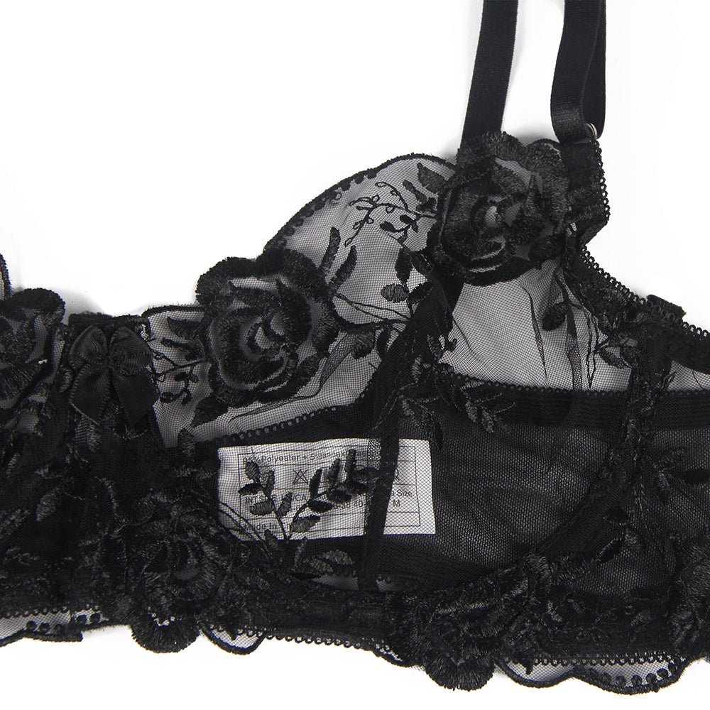 Floral Embroidery Bra Garter Set – Butterfly Knot Detail & Underwire - TeaseFashion