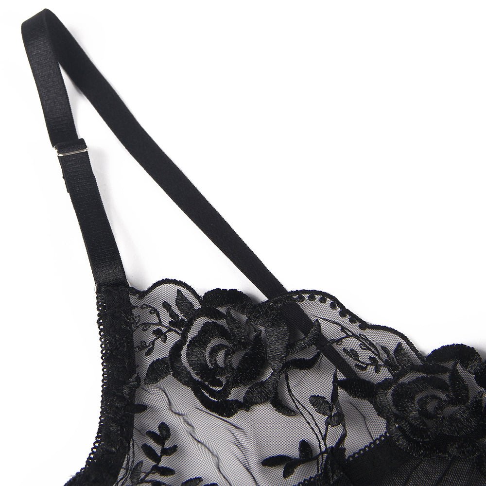 Floral Embroidery Bra Garter Set – Butterfly Knot Detail & Underwire - TeaseFashion