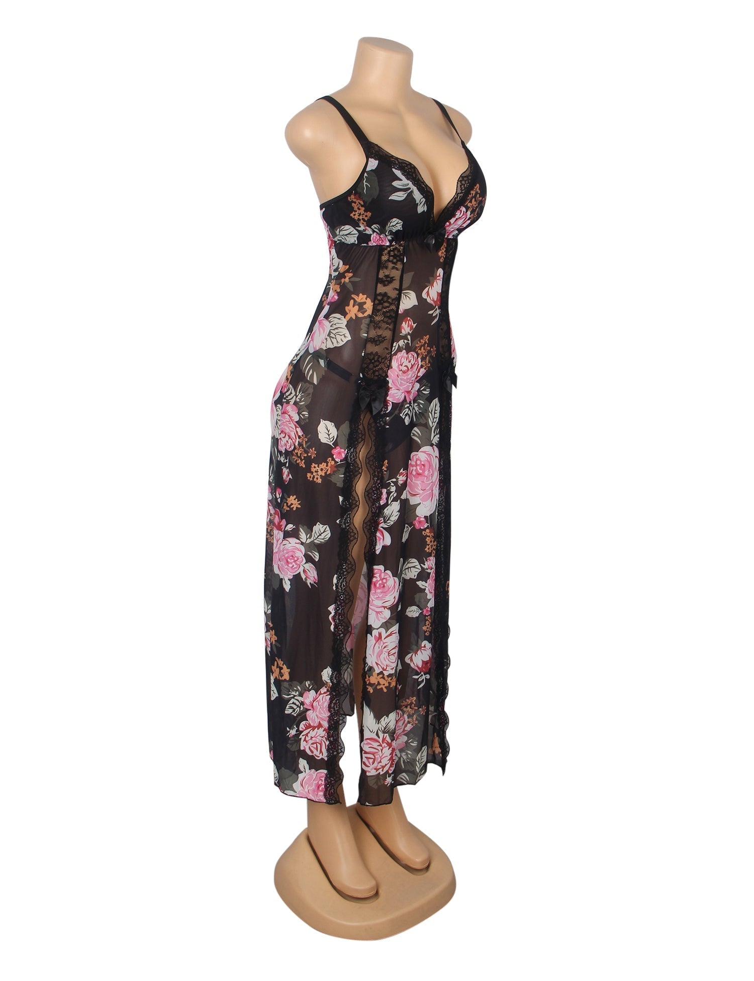 Floral Print Mesh & Lace Long Nightgown with Lined Bust, High Front Slit, Open Back & T - Back Set - TeaseFashion