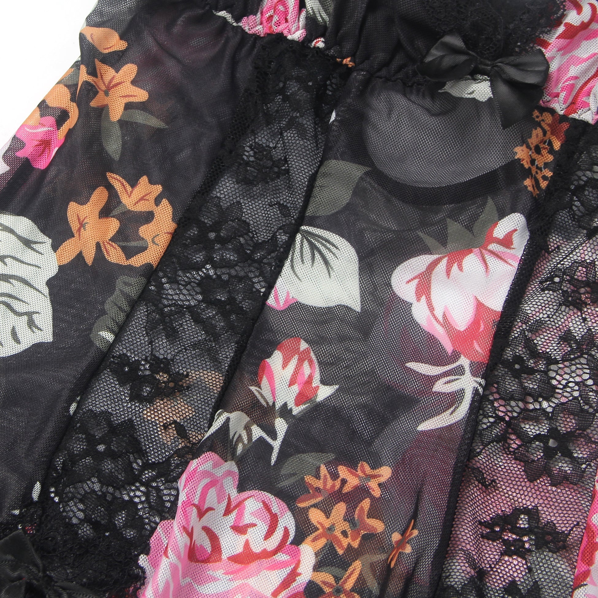 Floral Print Mesh & Lace Long Nightgown with Lined Bust, High Front Slit, Open Back & T - Back Set - TeaseFashion