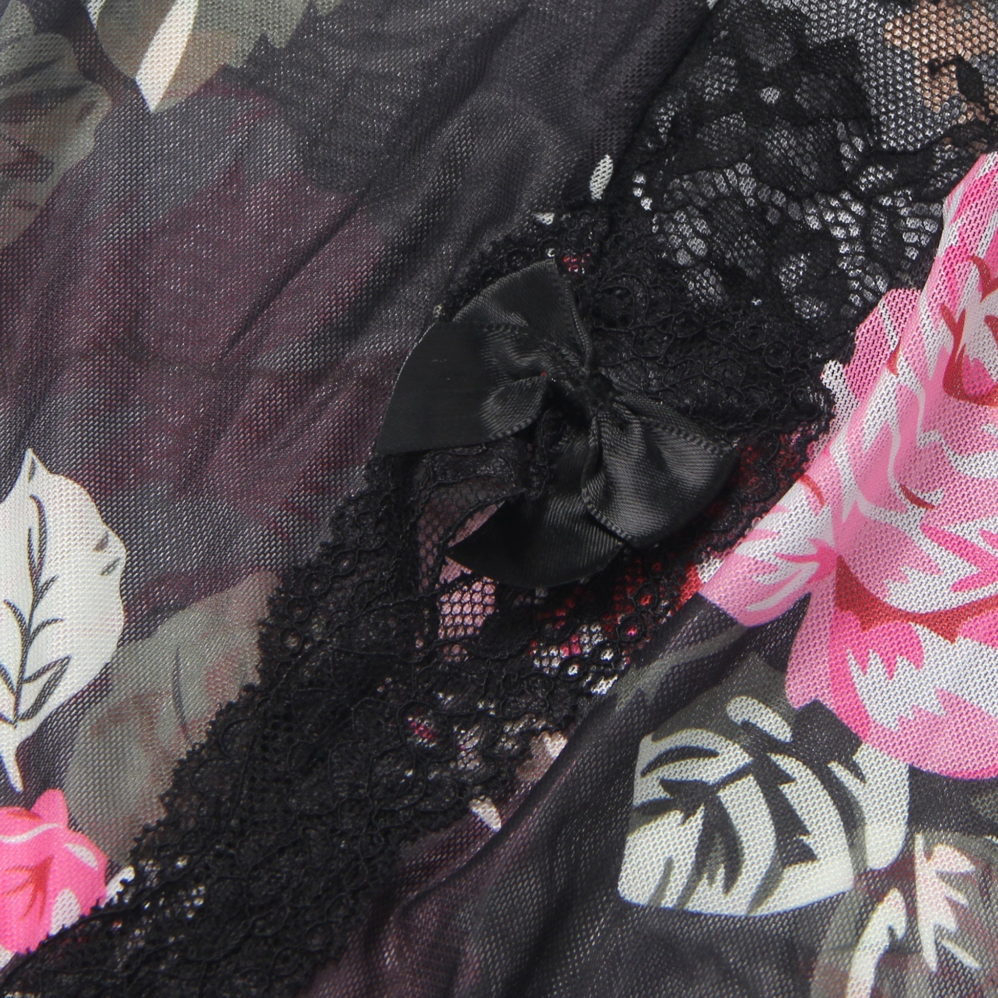 Floral Print Mesh & Lace Long Nightgown with Lined Bust, High Front Slit, Open Back & T - Back Set - TeaseFashion