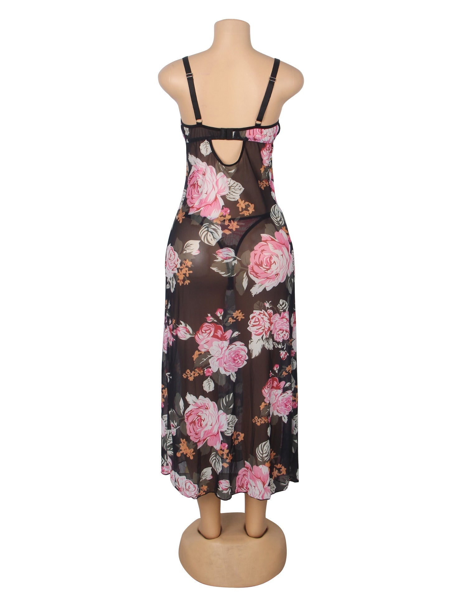 Floral Print Mesh & Lace Long Nightgown with Lined Bust, High Front Slit, Open Back & T - Back Set - TeaseFashion