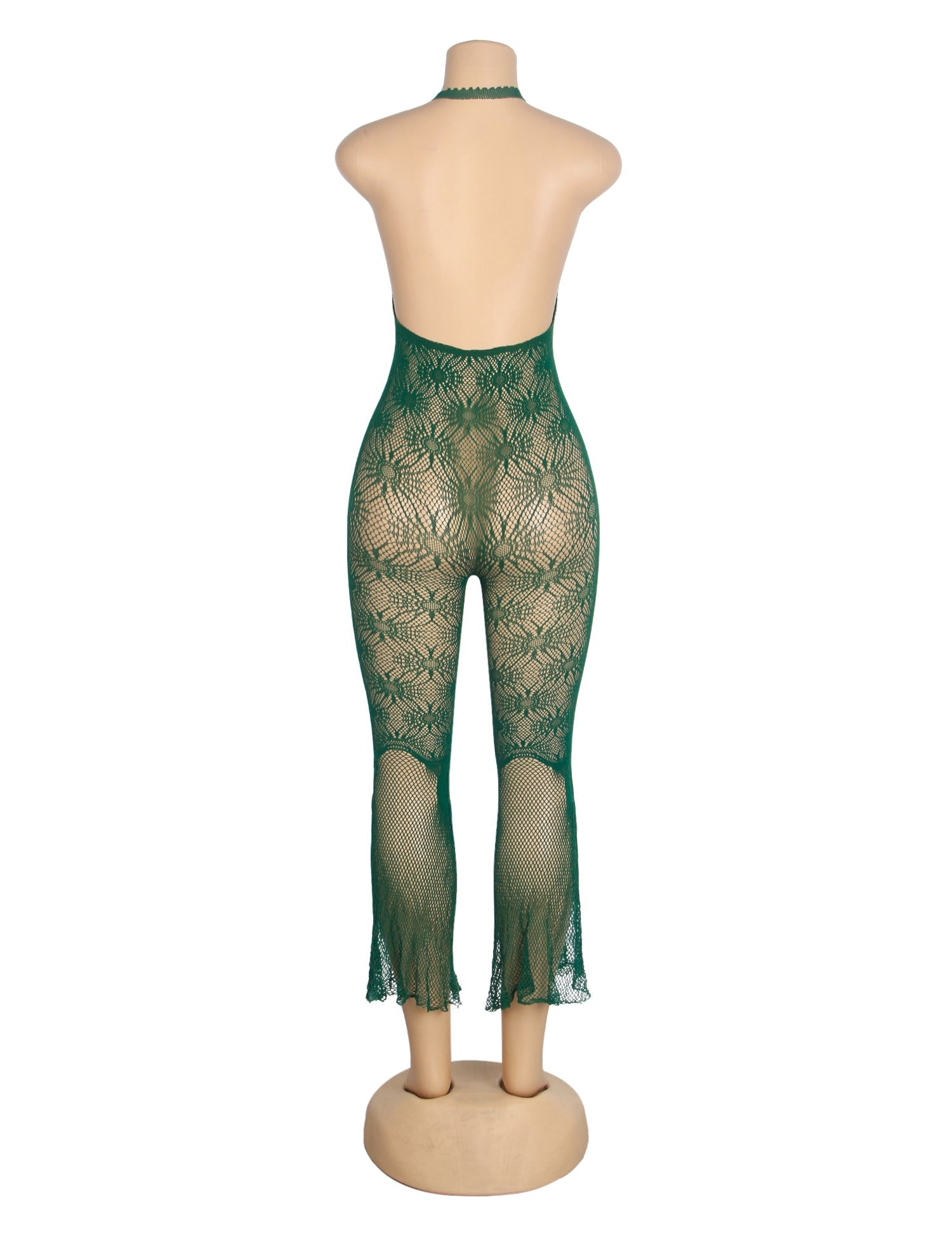 Green Jacquard Halter - Neck Backless Flared - Leg Bodysuit - TeaseFashion