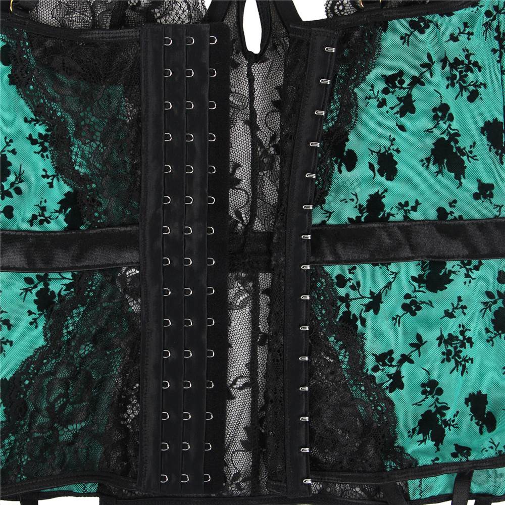 Green Lace & Velvet Underwire Garter Lingerie Set – Push - Up Bra, Cut - Out Cleavage, Hook Back & Stocking Straps - TeaseFashion