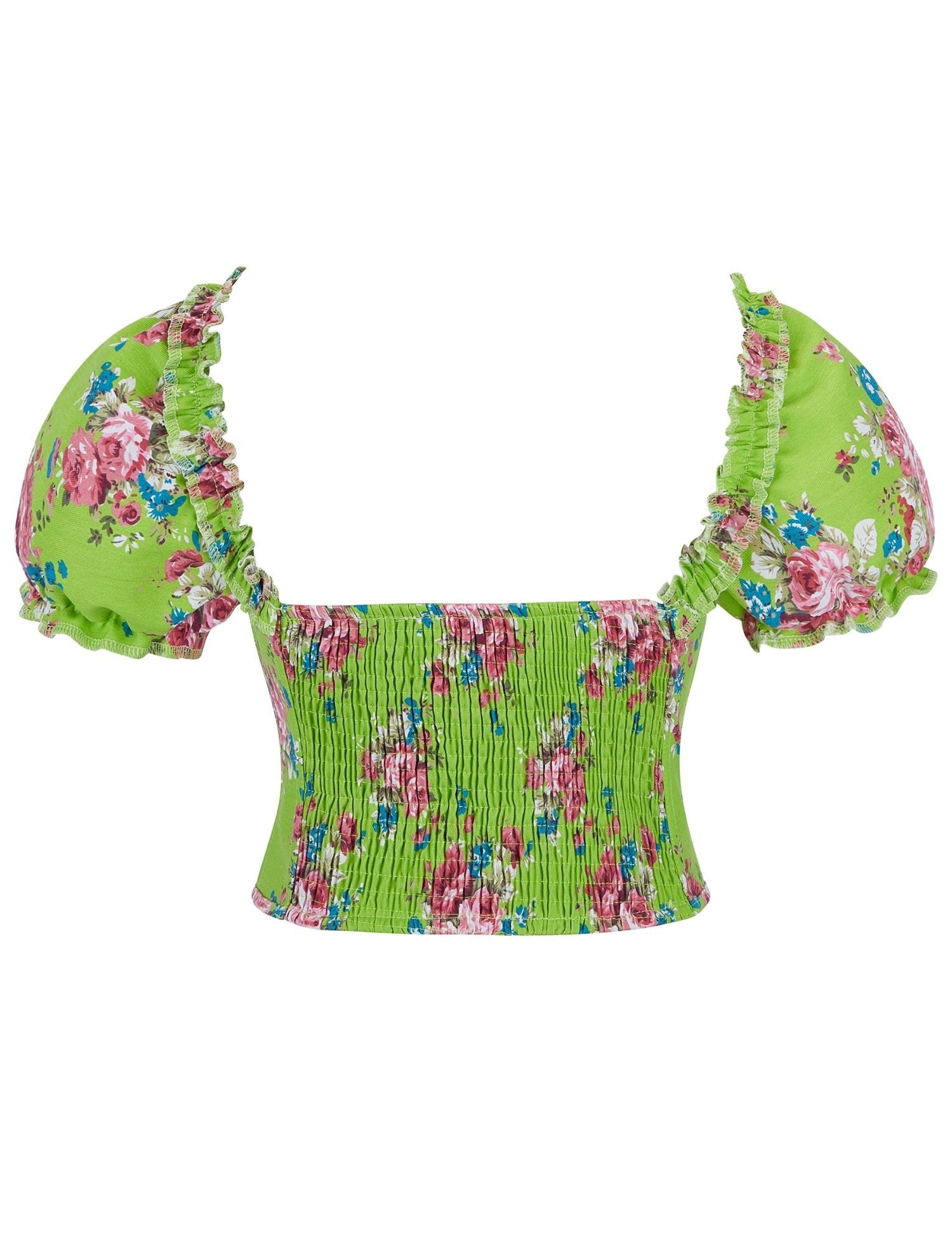 Green Printed Corset with Puff Sleeves & Heart Bustier - TeaseFashion
