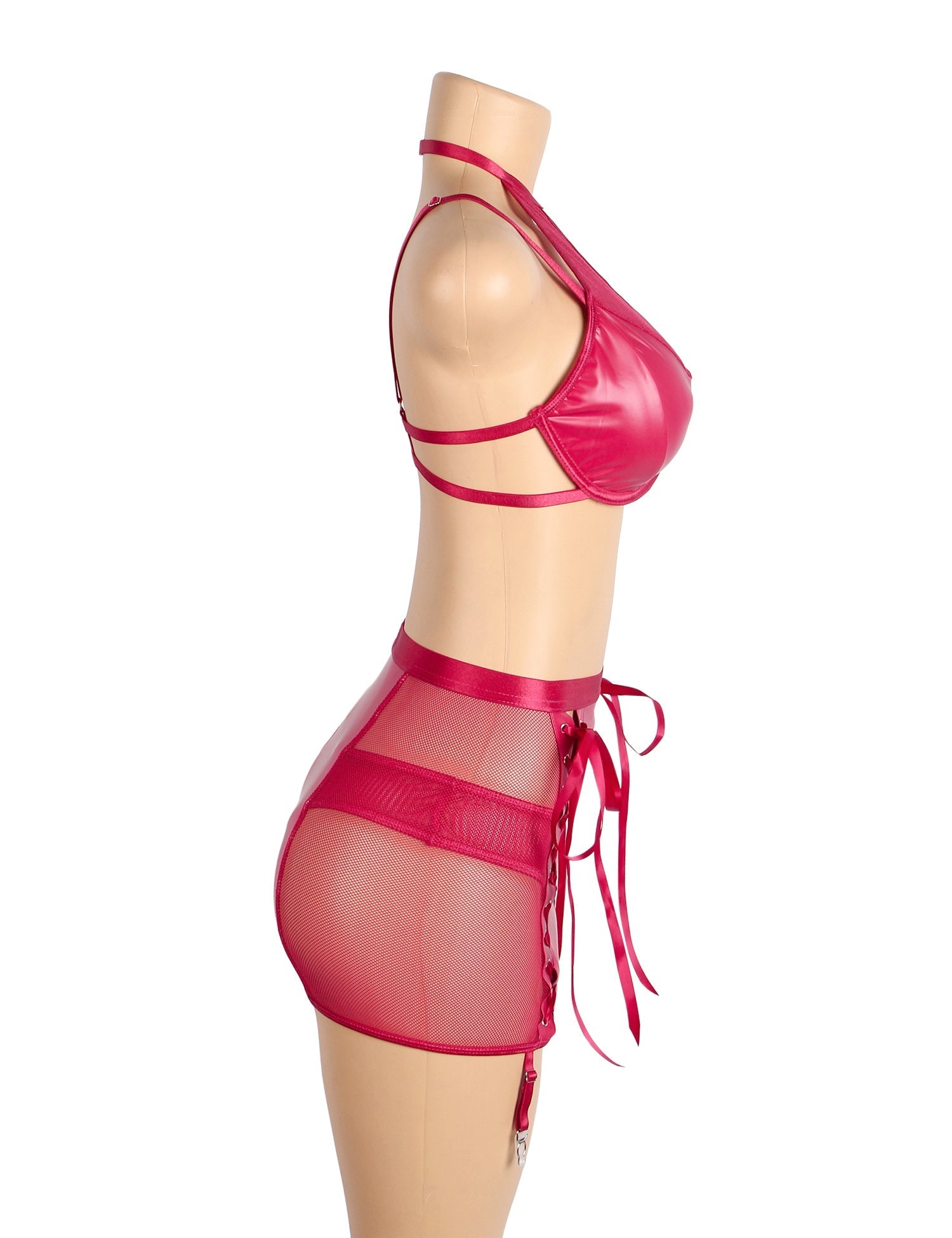 Hot Pink PU Leather Mesh Halter Lingerie Set – Chest Cut - Out, Bow Detail, Steel Ring Bra, Wrap Skirt & Adjustable Garters - TeaseFashion