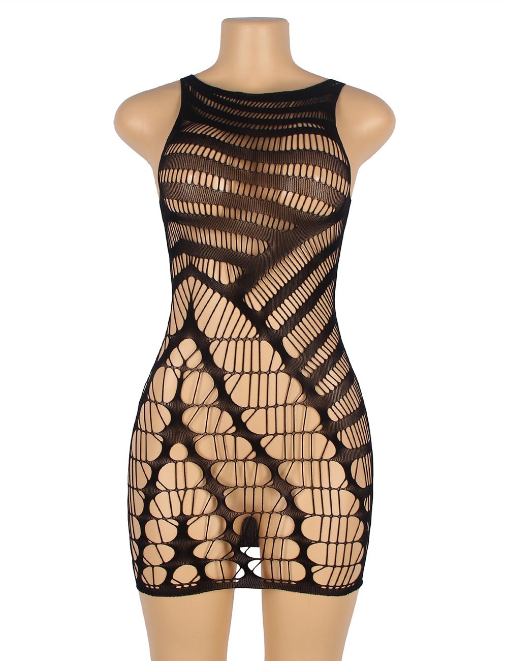 Jacquard Nylon Bodystocking with Fishnet & Striped Mesh, Sleeveless Backless Design & Curve - Fitting Hip - TeaseFashion