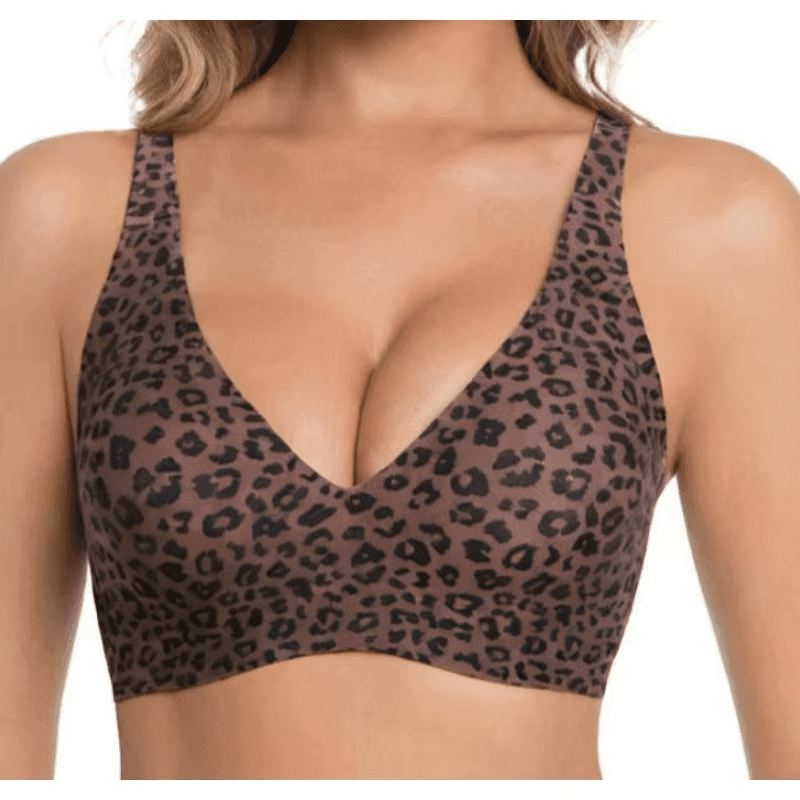Leopard Coffee Jelly Bra Wireless Womens Comfortable Push up Bralettes Seamless Tshirts Deep V Back Closure Everyday Bras - TEASEFASHION