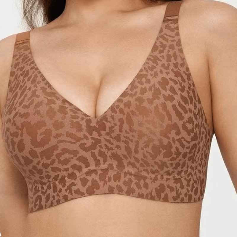 Leopard Khaki Jelly Bra Wireless Womens Comfortable Push up Bralettes Seamless Tshirts Deep V Back Closure Everyday Bras - TeaseFashion