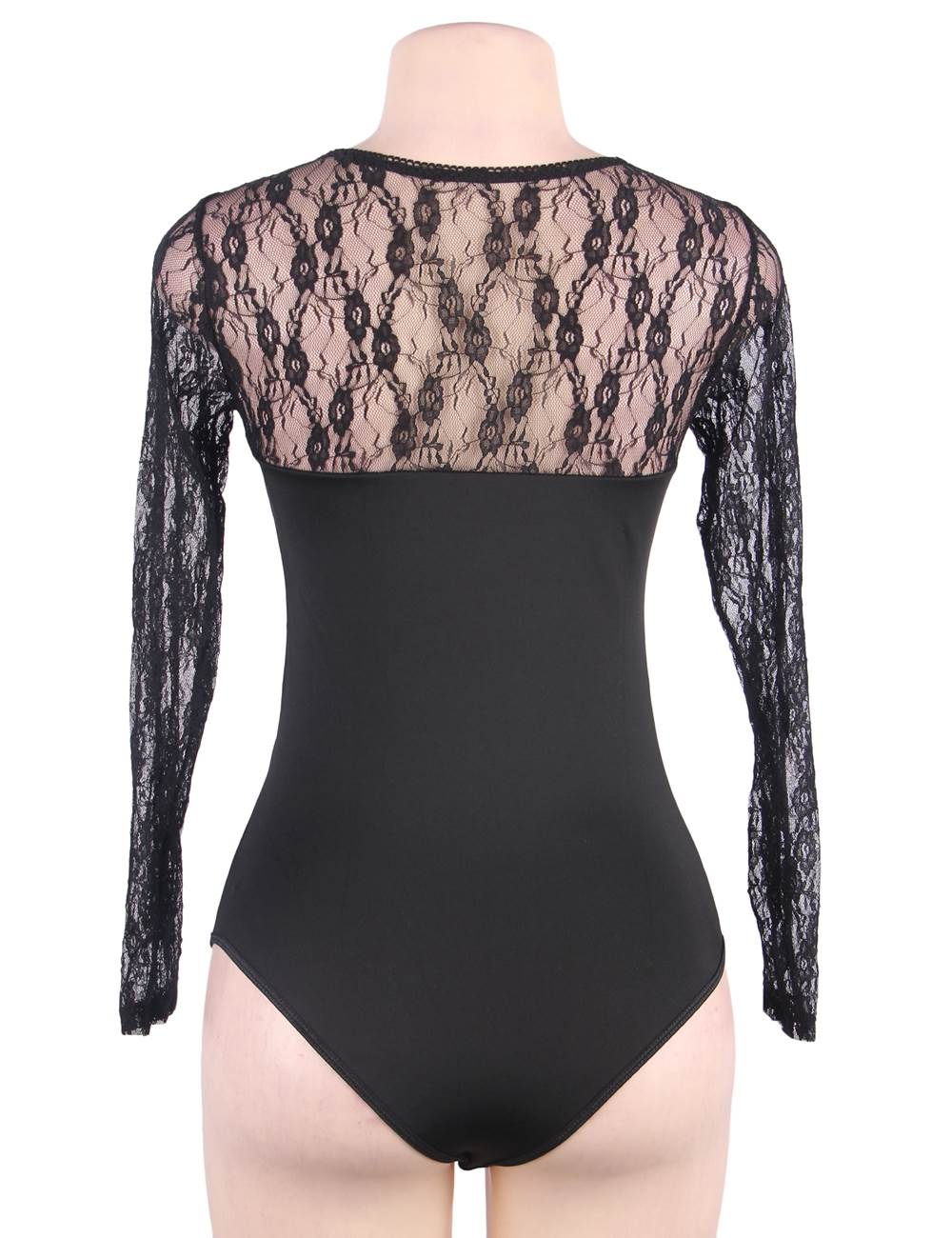 Long Sleeve Lace & Mesh Bodysuit – Semi - Transparent Chest Panels, Hook - and - Eye Crotch & High - Elasticity Fit - TeaseFashion