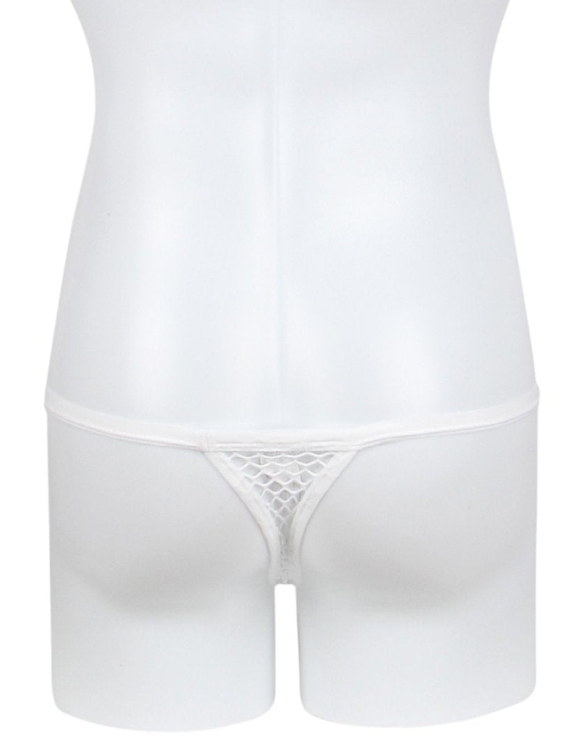 Teasefashion men's white fishnet thong shown on mannequin for a revealing and stylish look