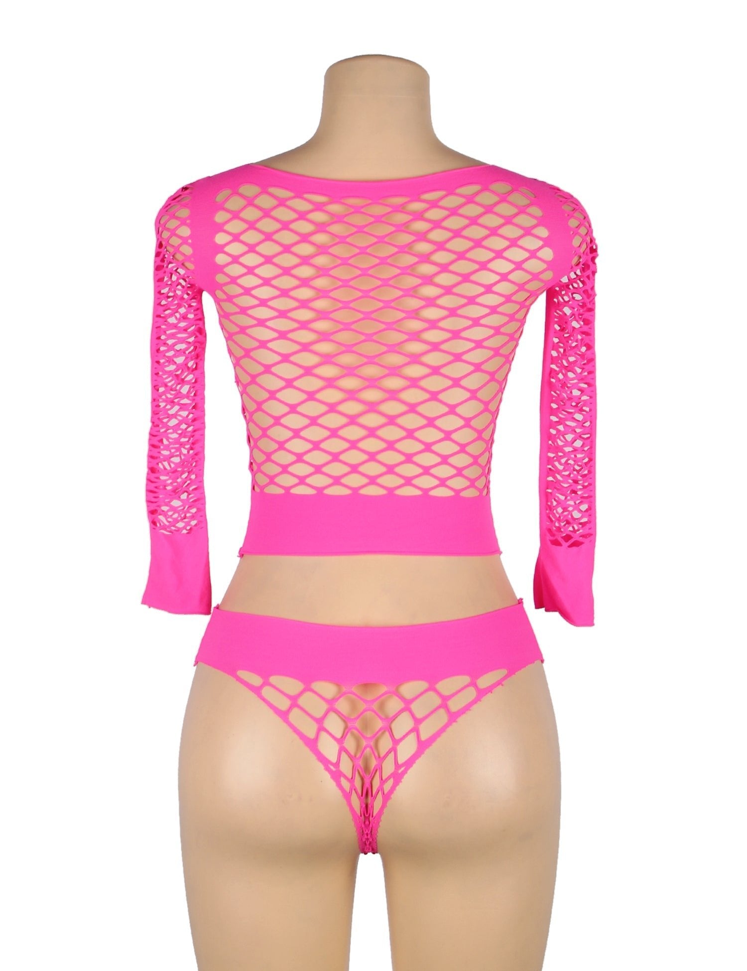 Pink Diamond Mesh Long - Sleeve Crop Top & Mid - Rise Shorts Set - TeaseFashion
