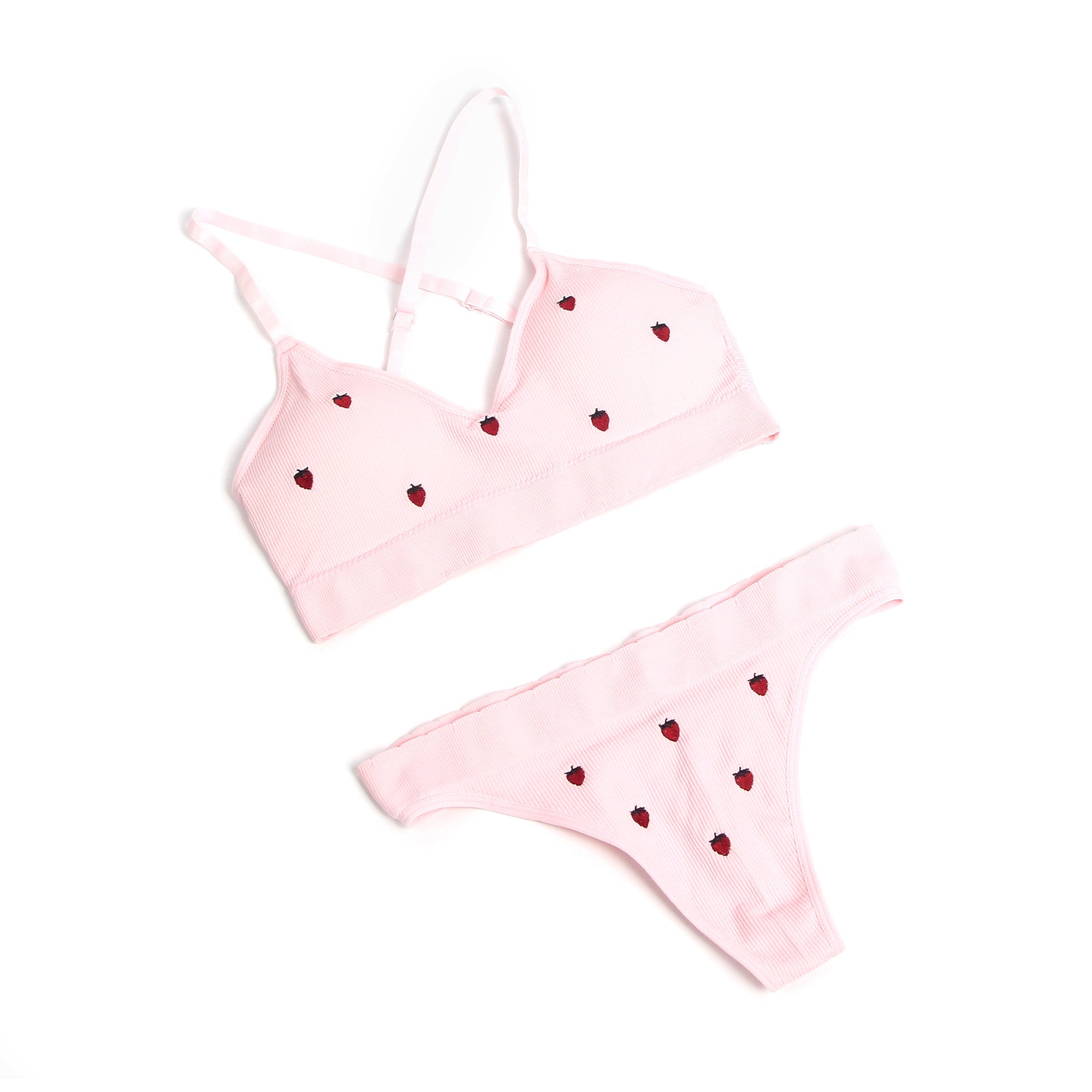 Pink Knitted Seamless Bra Set with 3D Strawberry Embroidery - TeaseFashion