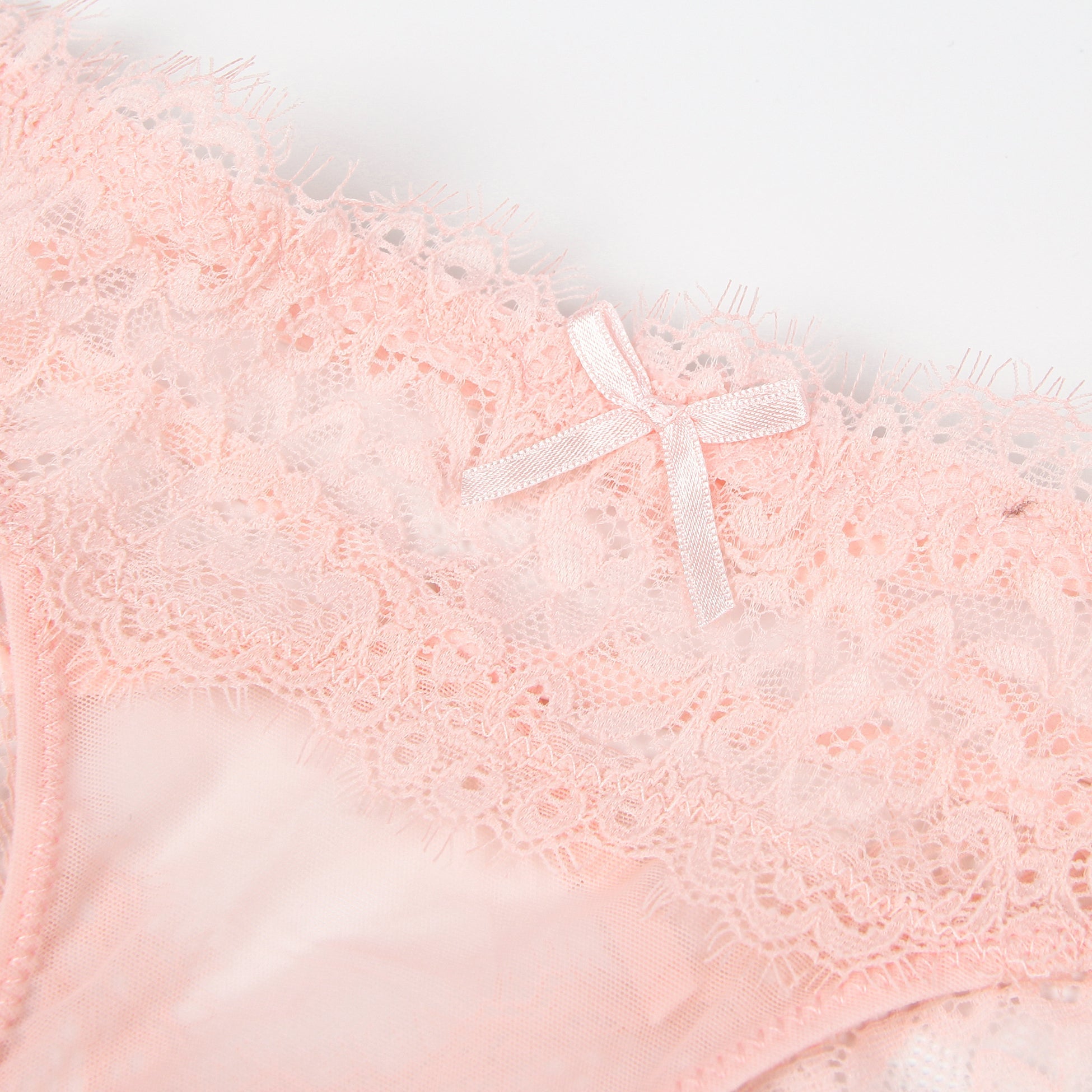 Pink Lace & Mesh Panty – V - Back with Cross - Stitch & Bow Detail - TeaseFashion