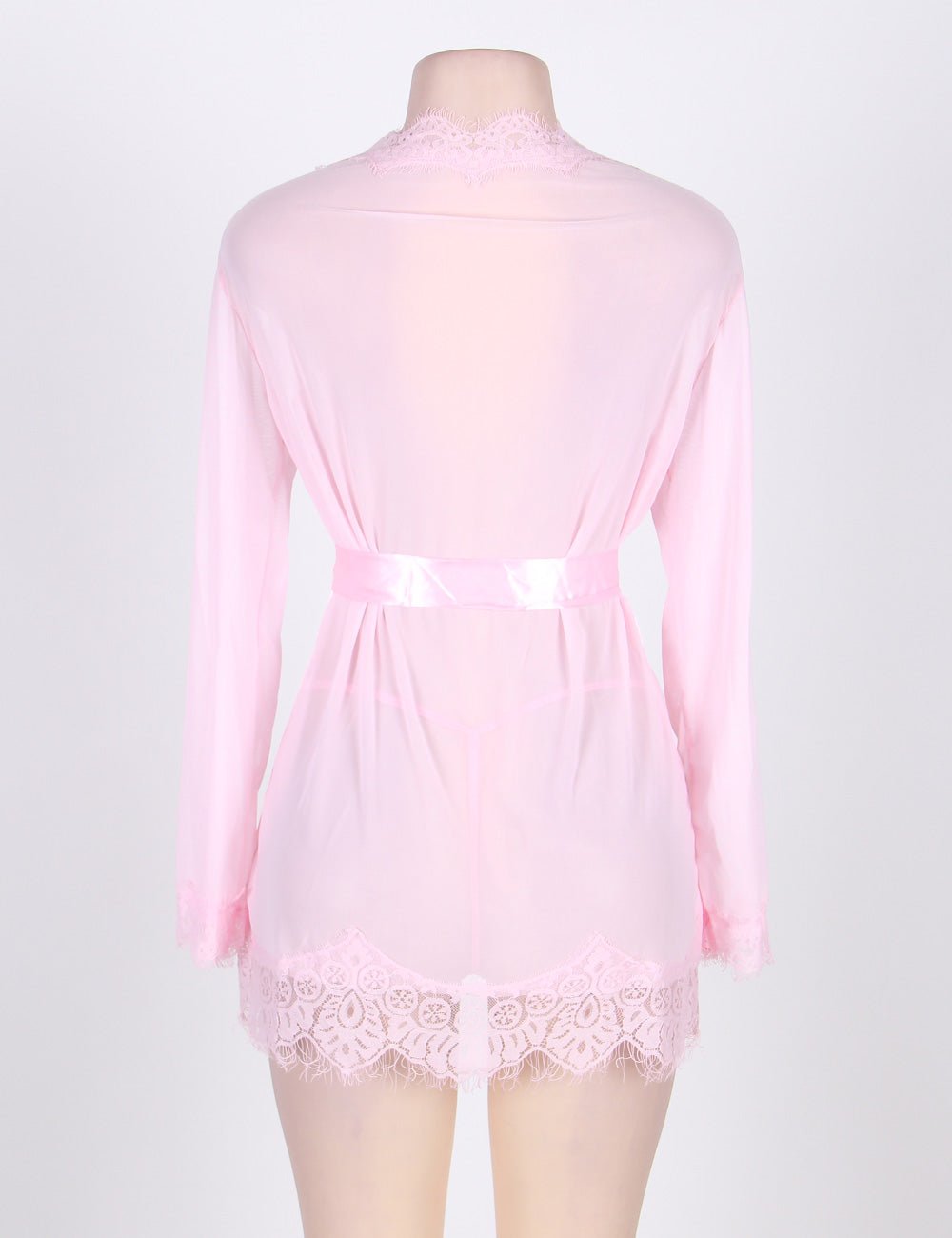 Pink Mesh Babydoll Robe – Long Sleeve, Eyelash Lace Trim, Faux Silk Belt & Matching Thong - TeaseFashion