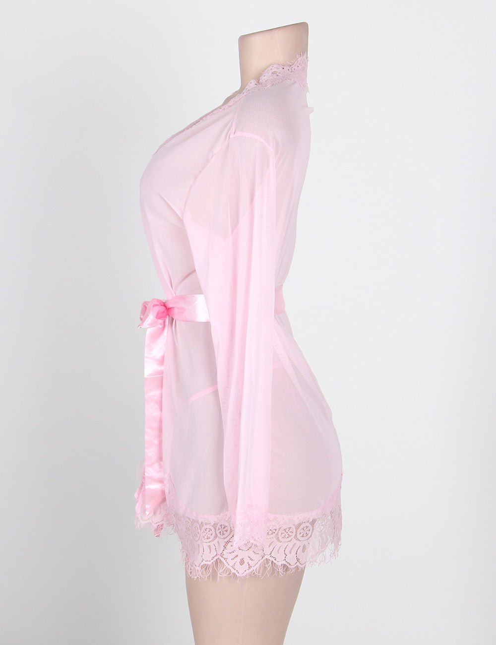 Pink Mesh Babydoll Robe – Long Sleeve, Eyelash Lace Trim, Faux Silk Belt & Matching Thong - TeaseFashion