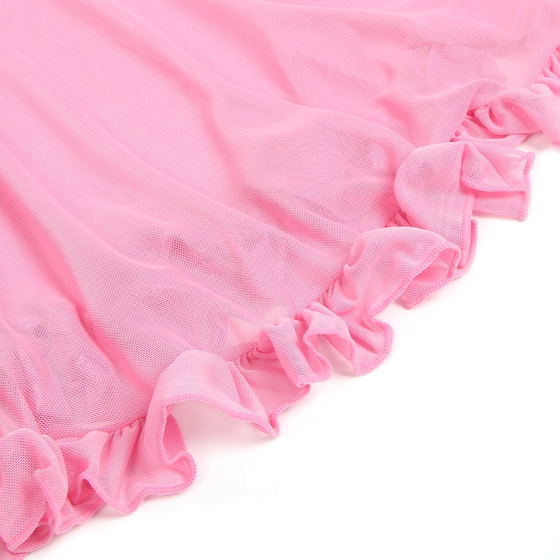 Pink Mesh Babydoll with 3D Floral Embroidery, Bow Accent, Ruffled Hem, Self - Lifting Bust & T - Pants Set - TeaseFashion