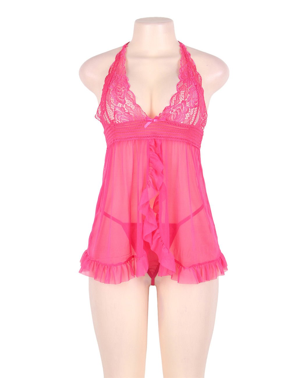 Pink Mesh Halter Babydoll – Lace Chest & Back, Front Slit, Ruffle Trim & Matching Thong - TeaseFashion