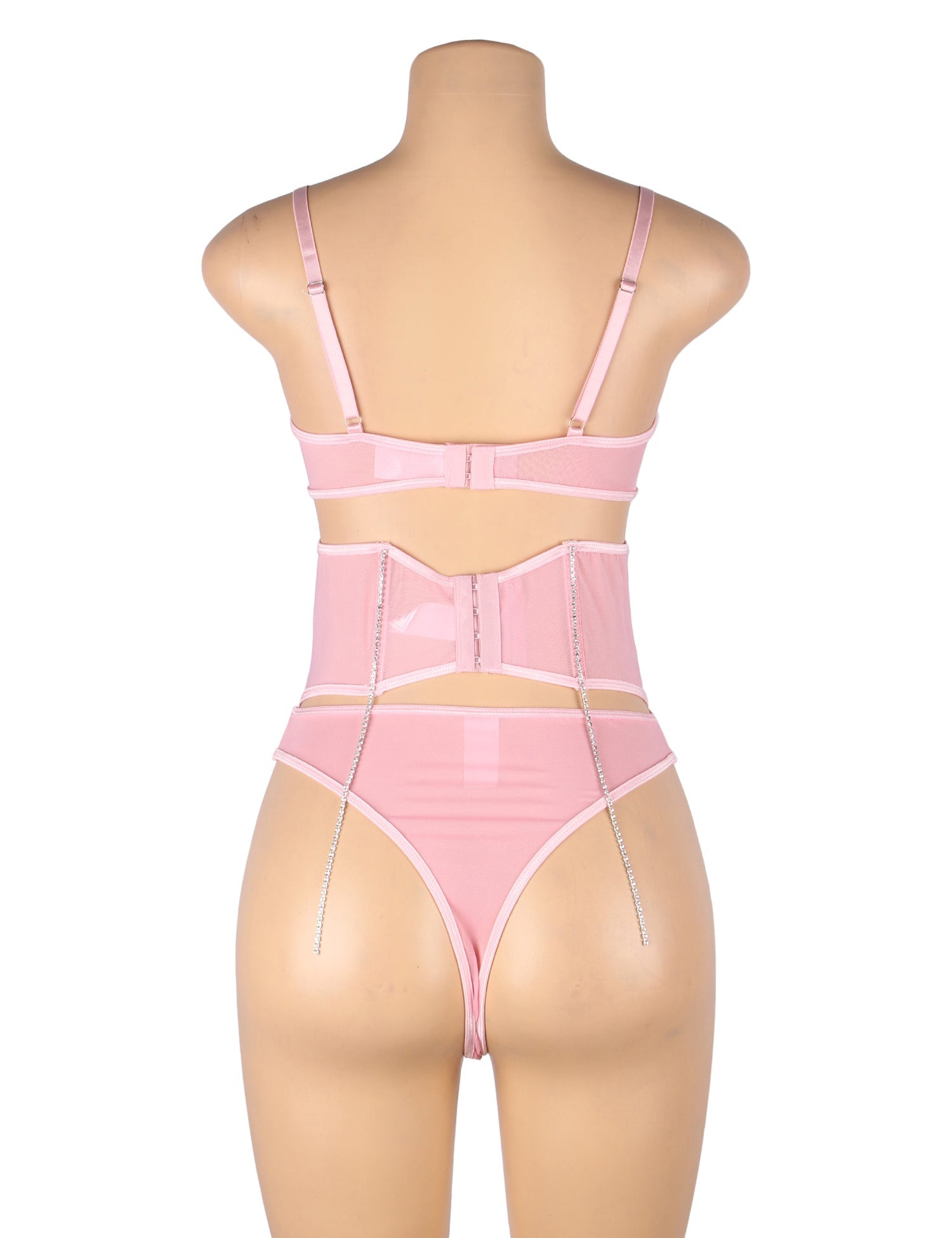 Pink Mesh Rhinestone Lingerie Set – Underwire & Boned Cincher - TeaseFashion