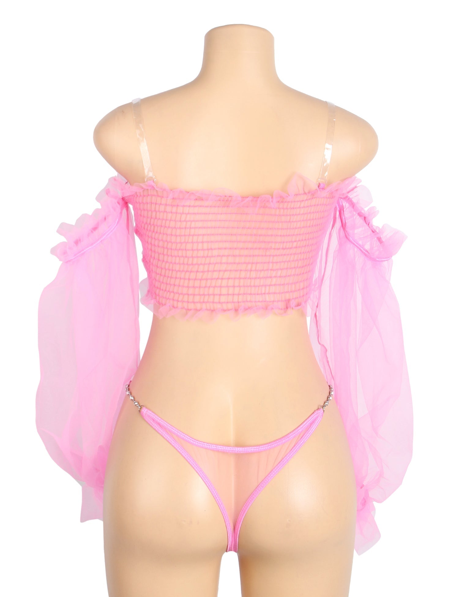 Pink See - Through Mesh Lingerie Set – One - Shoulder & Metal Chain - TeaseFashion
