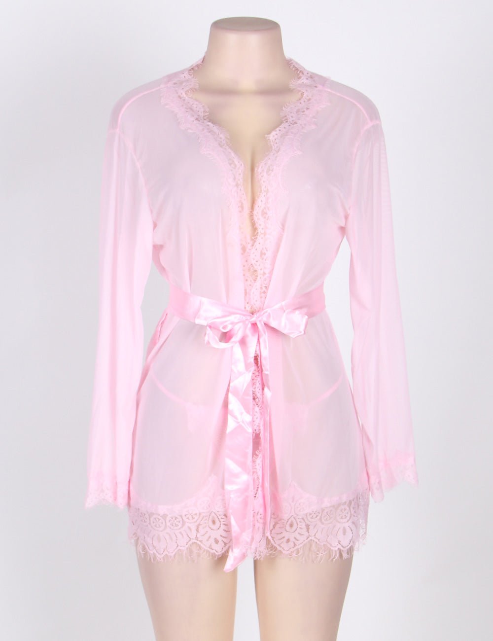 Pink Sheer Mesh Robe – Eyelash Lace Trim, Satin Belt & Thong Set - TeaseFashion