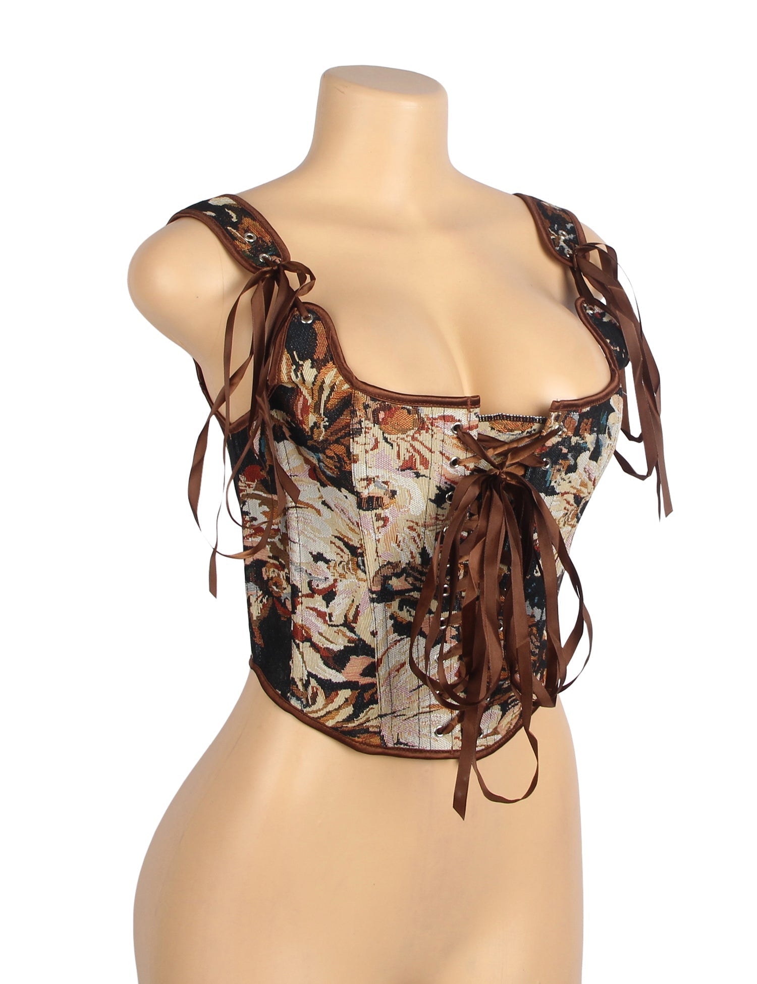Chaleco corsé jacquard estampado – 13 varillas suaves, tirantes cruzados y de seda - TeaseFashion