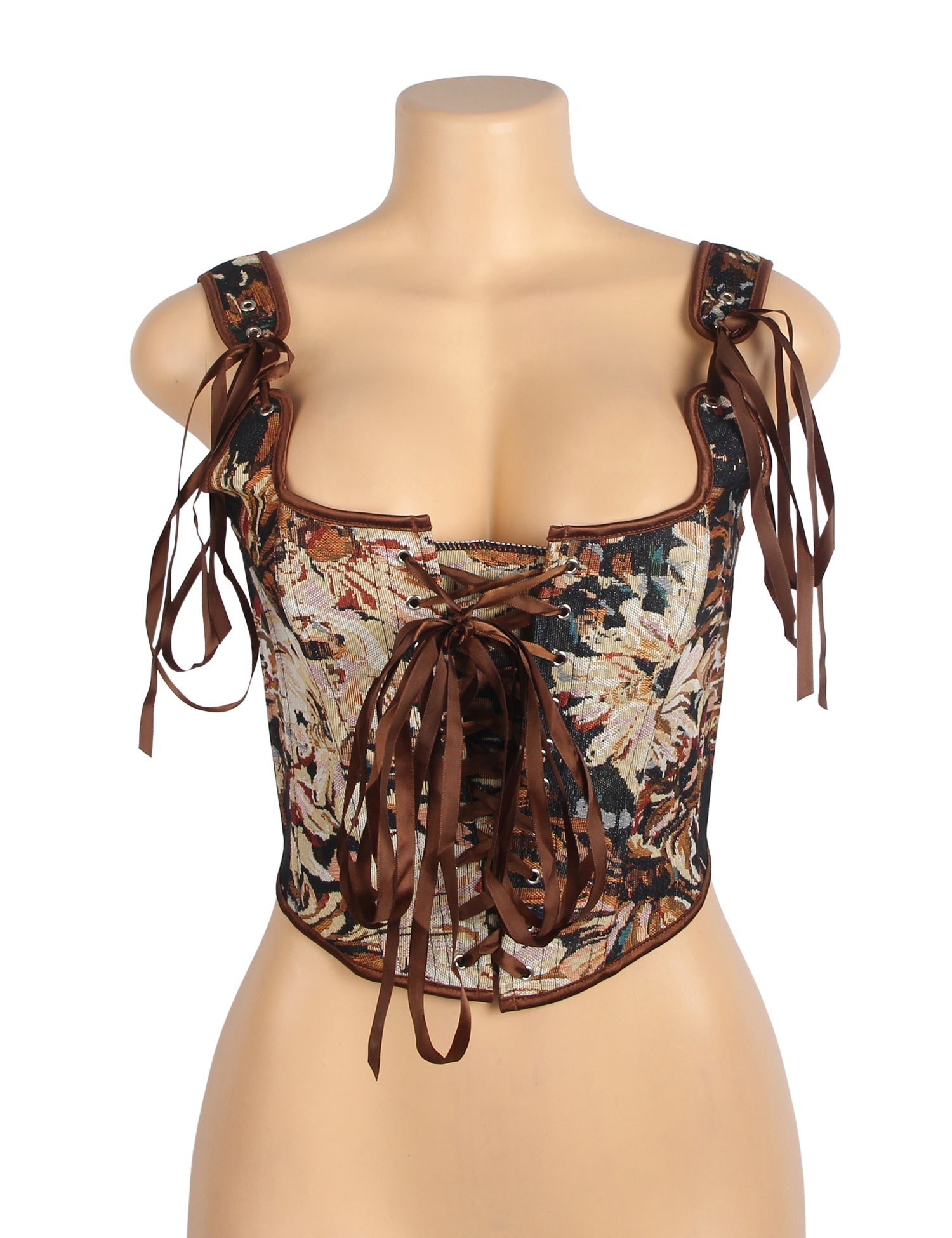 Chaleco corsé jacquard estampado – 13 varillas suaves, tirantes cruzados y de seda - TeaseFashion