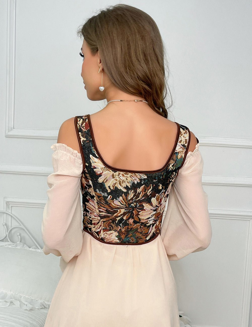 Chaleco corsé jacquard estampado – 13 varillas suaves, tirantes cruzados y de seda - TeaseFashion
