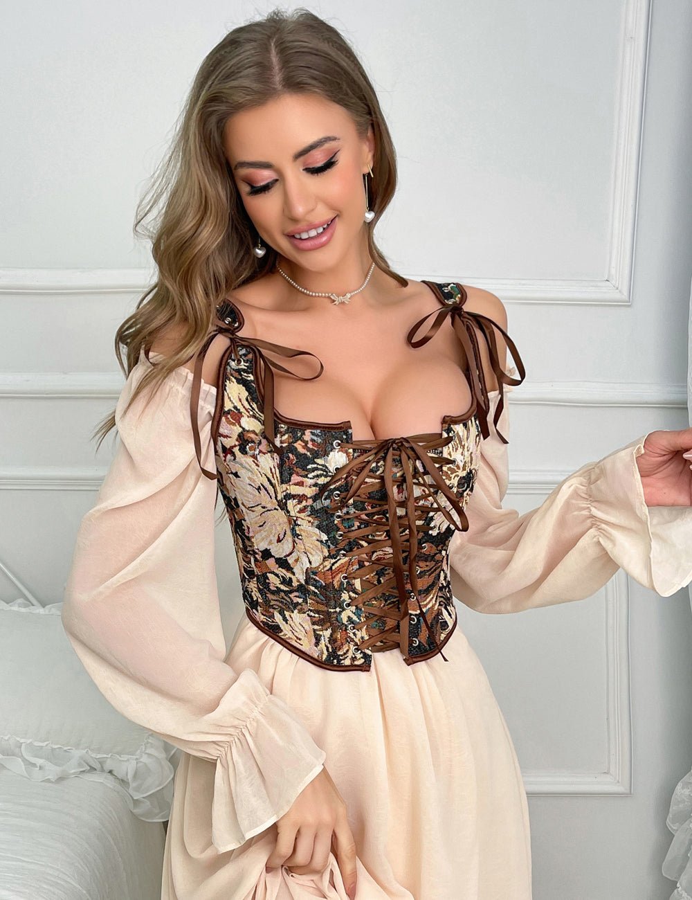 Chaleco corsé jacquard estampado – 13 varillas suaves, tirantes cruzados y de seda - TeaseFashion