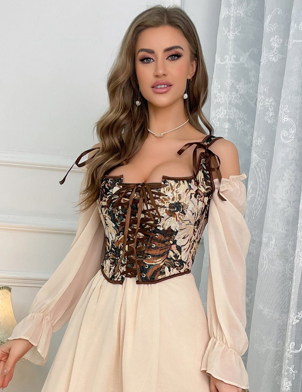 Chaleco corsé jacquard estampado – 13 varillas suaves, tirantes cruzados y de seda - TeaseFashion