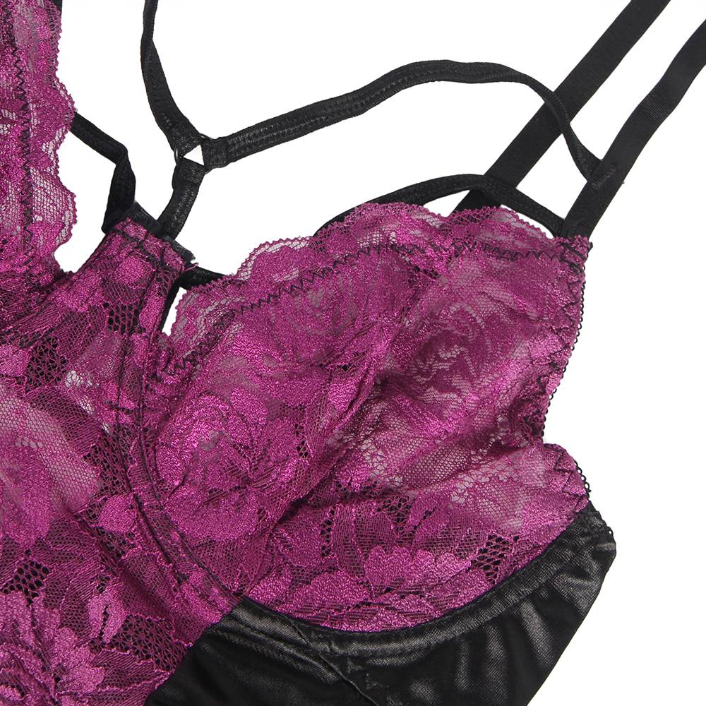 Purple & Black Lace Bustier Lingerie Set – Push - Up Underwire, Adjustable Straps, Eye Mask, Thong & Garter Belt - TeaseFashion