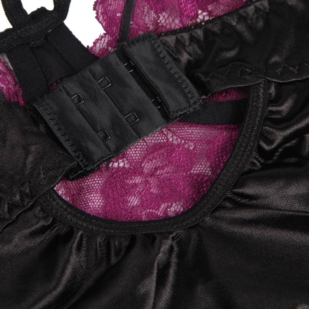 Purple & Black Lace Bustier Lingerie Set – Push - Up Underwire, Adjustable Straps, Eye Mask, Thong & Garter Belt - TeaseFashion
