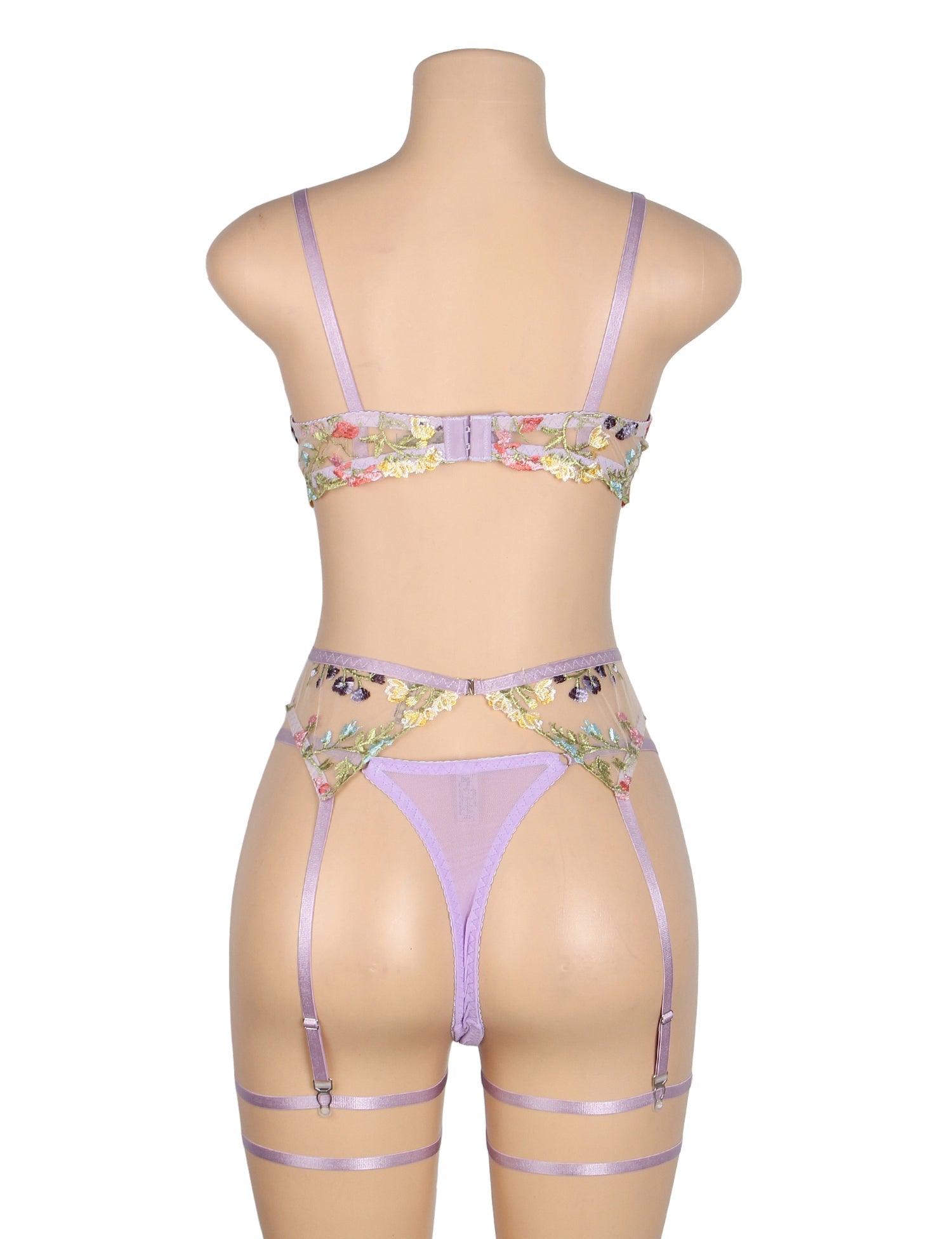 Purple Mesh 3D Floral Embroidery Bra Garter Set – Double - Layer & Underwire - TeaseFashion