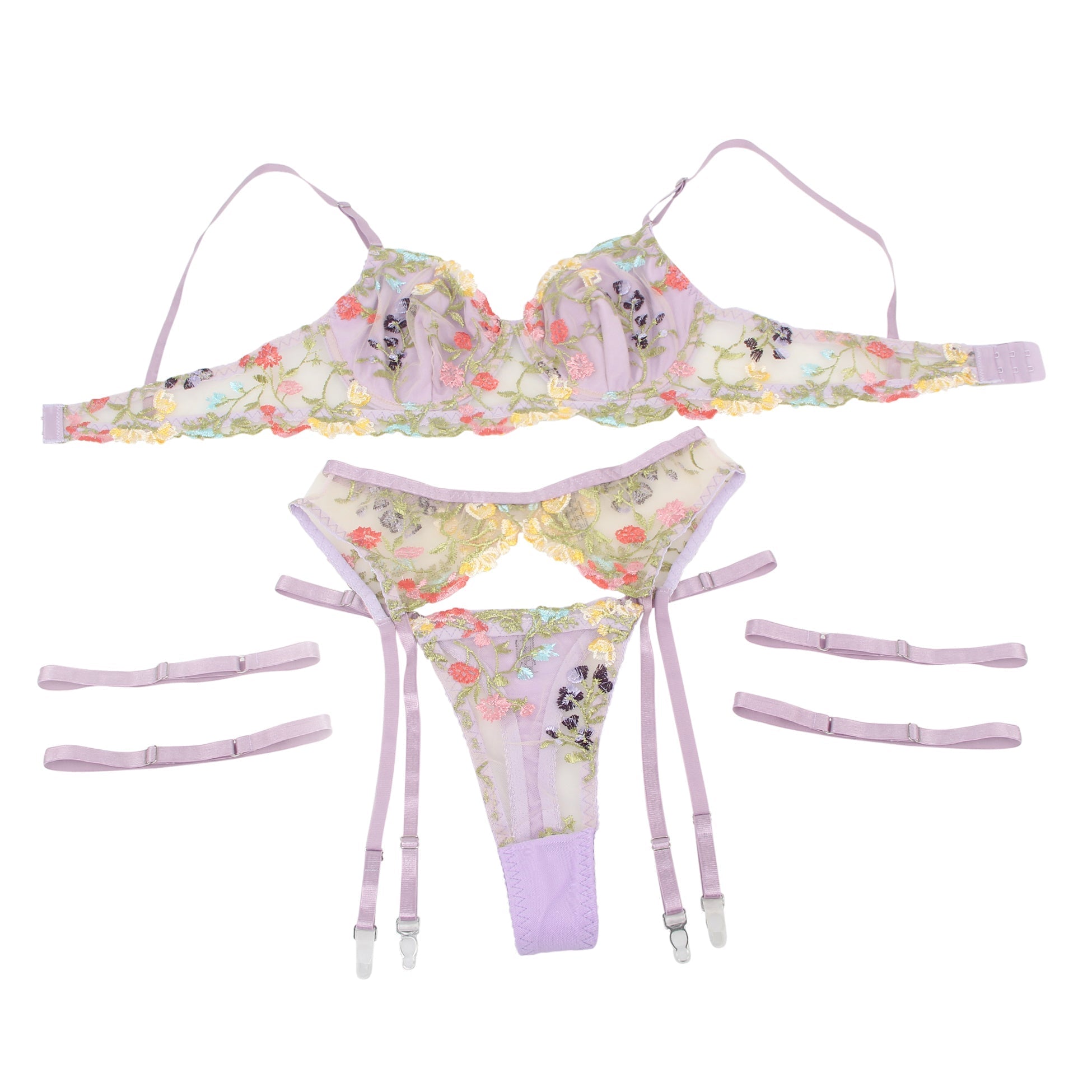 Purple Mesh 3D Floral Embroidery Bra Garter Set – Double - Layer & Underwire - TeaseFashion